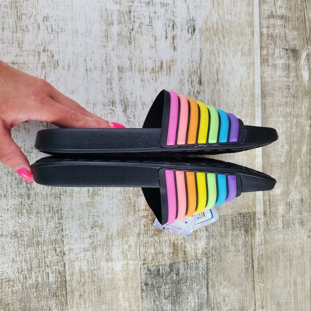 Skechers Girls Rainbow Slides Sandal Sz 3 Black Multi Striped Open Round Toe